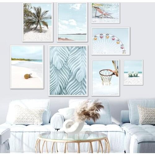 Blue Leaf Beach Palm Ferris Wheel Ocean Wall Art Canvas Painting Nordic Posters And Prints Wall Pictures For Living Room Decor