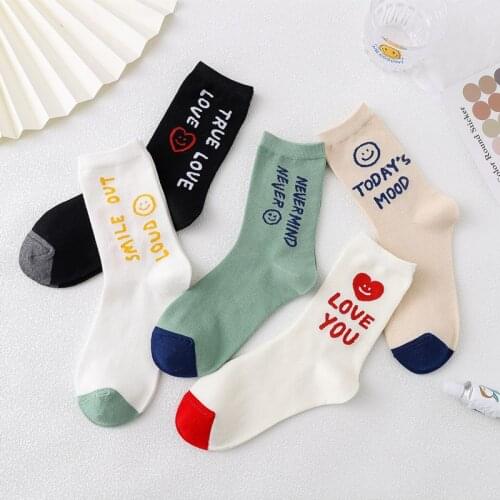 Spring Letters Thin Socks Couple Cotton Smile Long Socks Women Mens Socks 5 Pairs calcetines hombre ropa mujer Free shipping