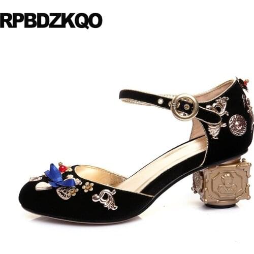 D'orsay Rhinestone Bow Pumps Women Genuine Leather Pearl Thick Crystal Handmade Unique Black Metal Round Toe Luxury Ankle Strap