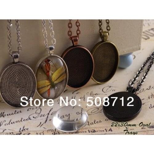 30sets Oval Pendant Trays With Glass and Chain DIY Kit - 22x30 - Blank Pendant Settings Bezel Cup - Pendant Base and Glass