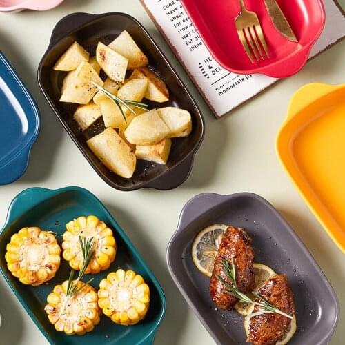 Baking Tray Baked Cheese Rice Pasta Dish Bowl Two-eared Square Plate Baking Bowl Oven Home Tableware Ceramic Dish Plates