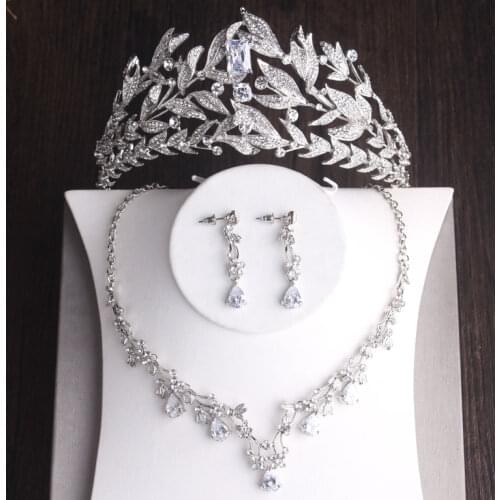 Baroque Luxury Crystal Leaves Bridal Jewelry Sets Necklace Earrings Wedding African Beads Jewelry Set Rhinestone Tiaras Cz Crown