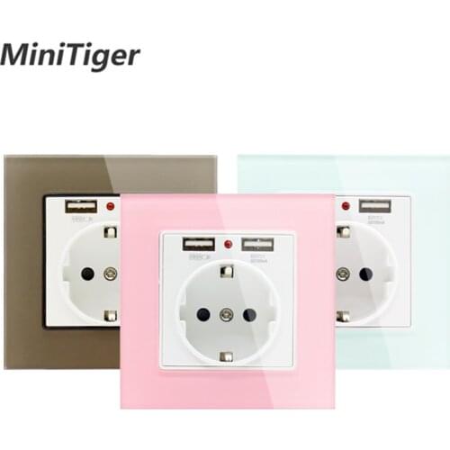 Minitiger Green Pink Colorful Crystal Glass Panel Dual USB Charging Port 2.1A 16A Russia Spain Wall Socket EU Power Outlet