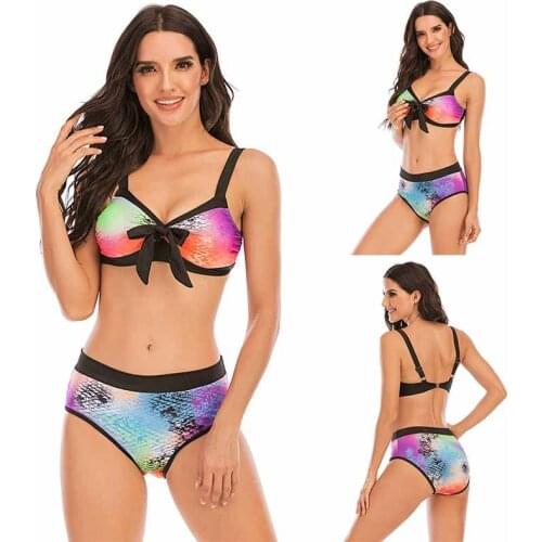 Sexy Women Bandage Halter Top Swimwear Spaghetti Strap Bowknot Front Snake Print Bikini Set Plus Size XL to 5XL Swimsuit Biquini
