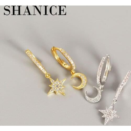 SHANICE New Delicate Small Star Earring 100% 925 Sterling Silver Shining CZ Zircon Stars Moon Pendant Stud Earrings for Women