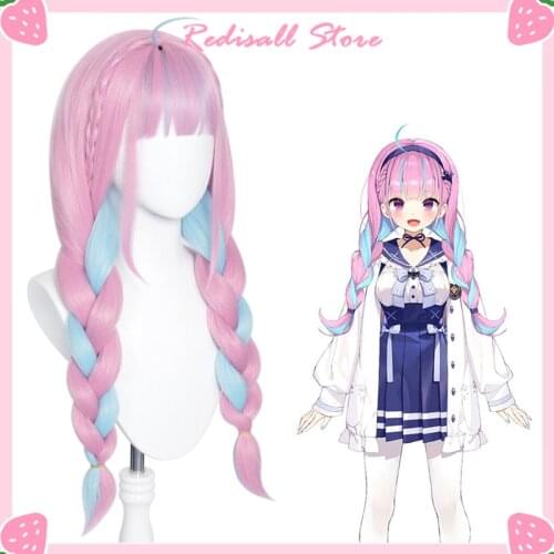 VTuber Minato Aqua Wig Mixed Blue Pink Braids Girls Twin Ponytails Youtuber Cosplay Hololive Long Braided Hair Free Wig Cap