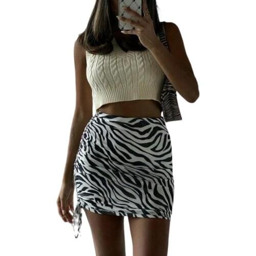 Womens Bodycon Mini Skirt Fashion High Waist Zebra Print Side Drawstring Ruched Skirt