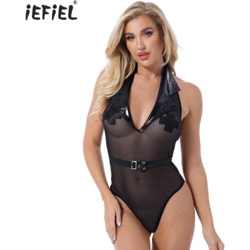 Womens Notch Lapel Halter Leotard Catsuit Deep V Neck Adjustable Buckle Teddies Bodysuit See through Sheer Mesh Patchwork Romper