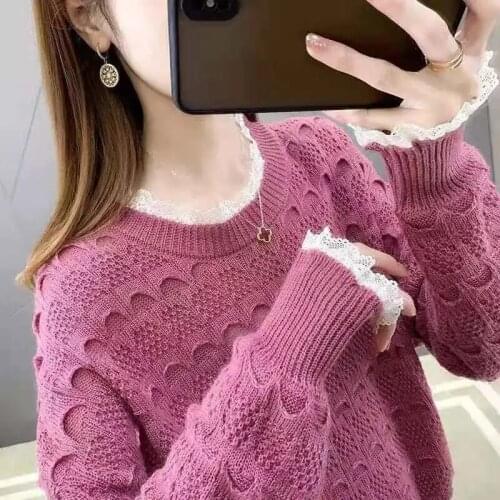 2021 Spring Autumn Korean Fashion Casual Lace Hollow Out O-Neck Solid Color Ladies Knitted Sweater Thin Tops Female