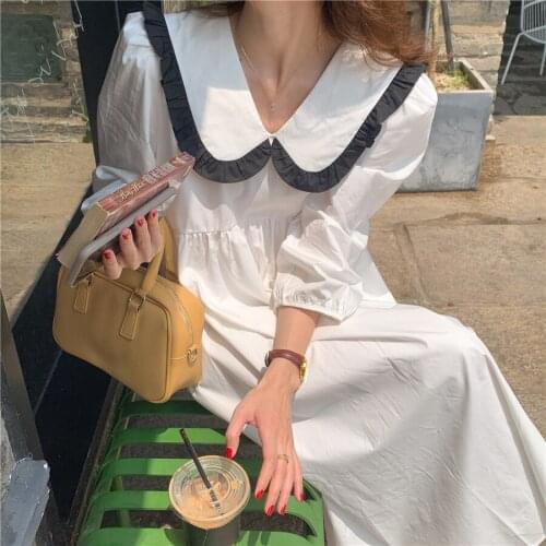 2021 New Women Summer Sweet White Long Dress Patchwork Peter Pan Collar High Waist A-line Pullover Maxi Sundress