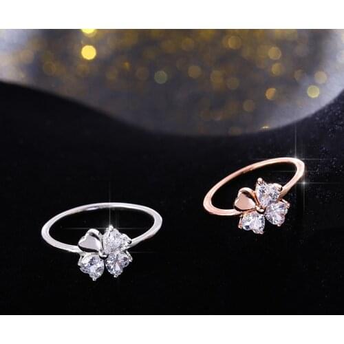 Temperament fashion four-leaf clover zircon opening ring ladies exquisite jewelry anniversary gift fashion wedding ring