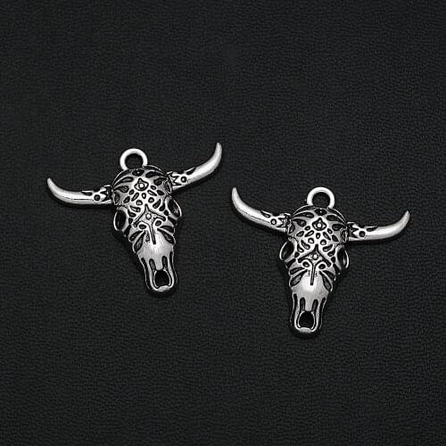 10pcs/Lot 25x29mm Antique Silver Plated Cow Skull Head Charms Vintage Metal Zinc Alloy Halloween Pendants For Diy Jewelry Making