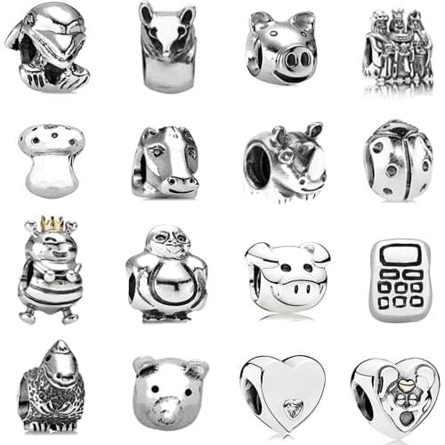 2019 NEW 100% Sterling Thai Silver Retro Pig Mobile Phone Mushroom Rhinoceros Beetle Heart-shaped Beaded Charm Collection Gift