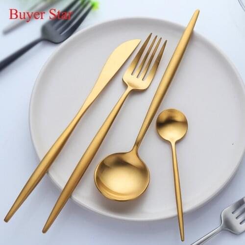 4pcs/16pcs Gold stainless steel cutlery set metal tableware soup Spoon dessert Fork Knife Kits dinner serving tools kitchen