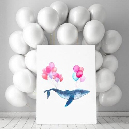 Watercolor Blue Whale Flying On Air Balloons Canvas Wall Art Pictures Kids Room Decor , Cartoon Hand Painted Whale Baby Room