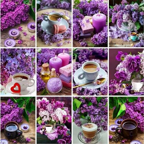 Diamond Painting Coffee Cup Cross Stitch 5D DIY Lilac Flower Diamond Embroidery Scented candle Rhinestone Picture Home Decor
