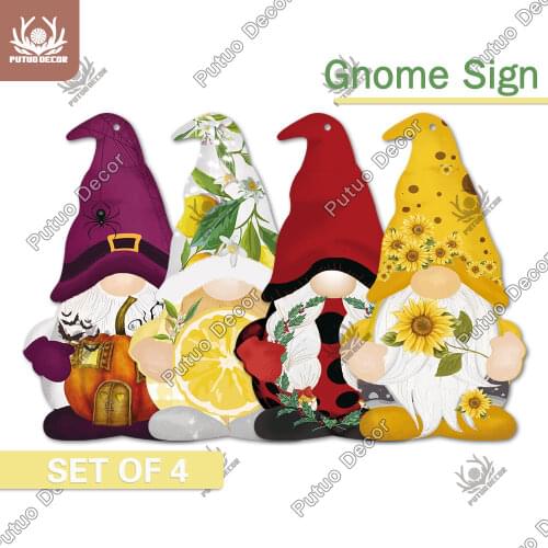 Putuo Decor 4PCS Christmas Gnome Signs Halloween Wooden Hanging Signs Wood Plaque Home Decor Gnome Festival Wall Decoration Gift