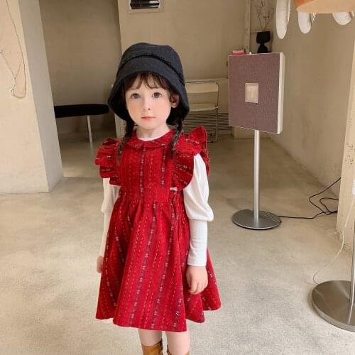 Childrens skirt 2021 autumn new Korean girls solid corduroy strap dress childrens flying sleeve Princess Dress
