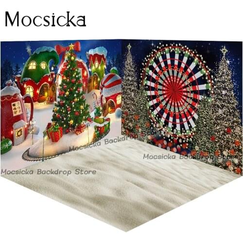 Cartoon Christmas Village Photography Backdrop Winter Snow Ferris wheel Background Xmas Fairy Tale Animated Bokeh Photo Carnival