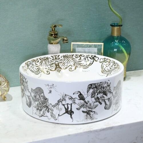 China Artistic Porcelain Art Bathroom Sink Lavabo Washbasin Sink counter top white with bird ceramic wash basin bathroom sink