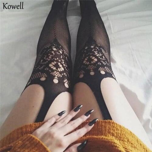 DYLAFO 2019 Hollow Out Tights Women Sexy Stockings Female Thigh High Fishnet Embroidery Transparent Mesh Women Black Hosiery