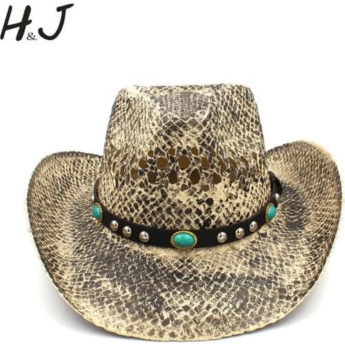 Women Men Straw Western Cowboy Hat Handmade Weave Lady Dad Sombrero Hombre Cowgirl Jazz Caps Punk Turquoise Band Size 56-58CM