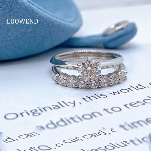 LUOWEND 100% Real 18K White Gold Engagement Ring Classic 6 Claws Rings Natural Diamond Ring Bridal Set for Women Wedding