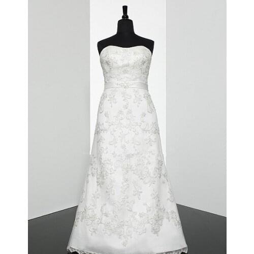 Modified strapless A-line open back corset Embroidered real photo lace sash intricately beaded medallion Bespoke Wedding Dresses