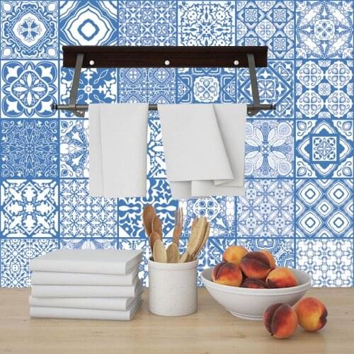 Mediterranean Blue Tiles Sticker,Waterproof Self adhesive Bathroom Kitchen Wall Stickers,Home Decor Furniture Art Decal Customed