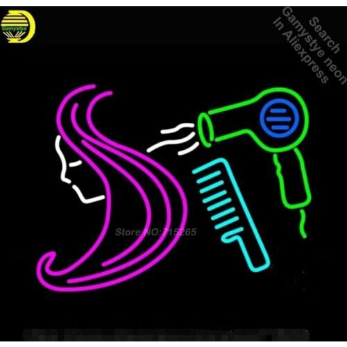 Barber Shop Hair Logo Salon Neon Sign Recreation Room Windows Handcraft Neon Bulb Glass Tube Store Display Gift Commercial 17x14