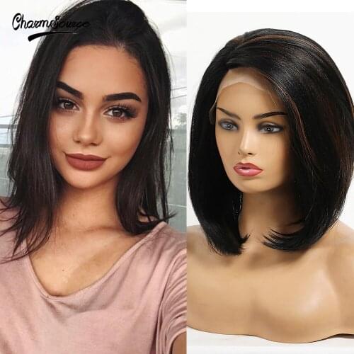 CharmSource Bobo Hair Front Lace Synthetic Wig Black with Highlight Wigs Women Lace Wigs High Density Heat Resistant Daily Use