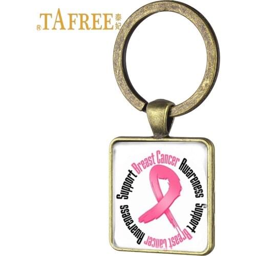 TAFREE Pink ribbon Keychain support breast gancer awareness Glass Cabochon Pink Ribbon Key Ring for female gift jewelry CC17