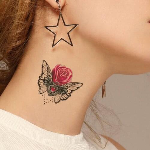 Pink Rose Women Back Tattoos Stickers Fake Waterproof Butterfly Heart Pearl Necklace Tattos Temporary Body Chest Neck Tatoos
