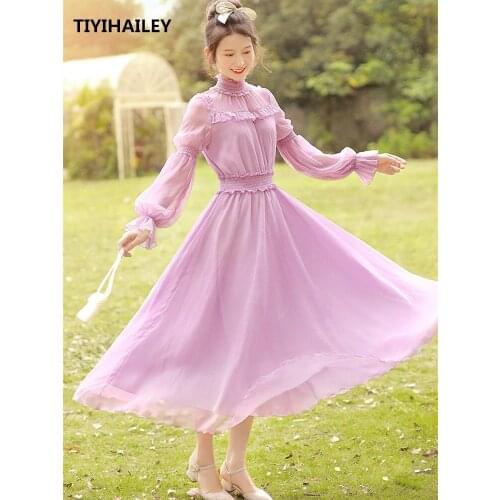 TIYIHAILEY Free Shipping 2021 New Boshow Women Long Maxi Long Lantern Sleeve Spring S-L Chiffon Big Hem Ruffles Purple Dresses