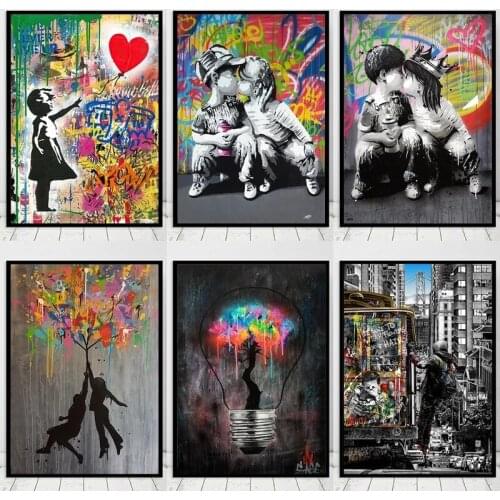 Street Graffiti Artist Artwork Love Boy and Girl Canvas Painting Love and Peace Poster and Print Wall Art Living Room Home Decor