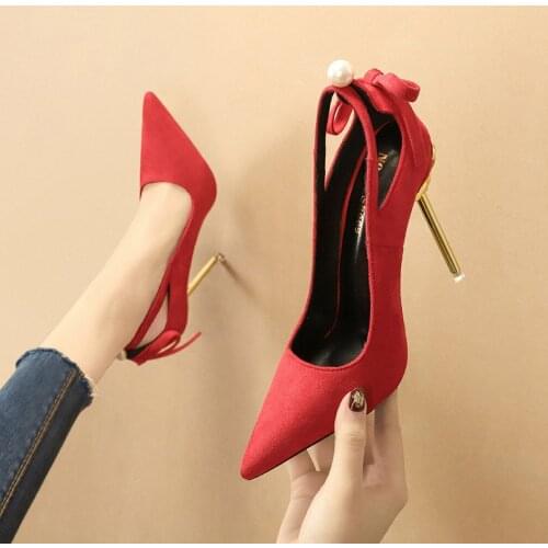 Spring pointed hollow-out Bow Suede stilettos with Stiletto heels and lace-up pumps for slim women