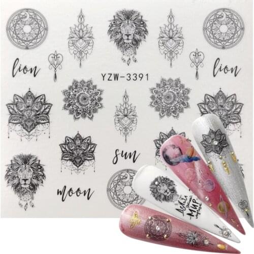 Nail Sticker Animal Lion Sun Moon Mandala Lotus Flower Design Water Decals For Manicure Nail Art Decorations Nails Accessories