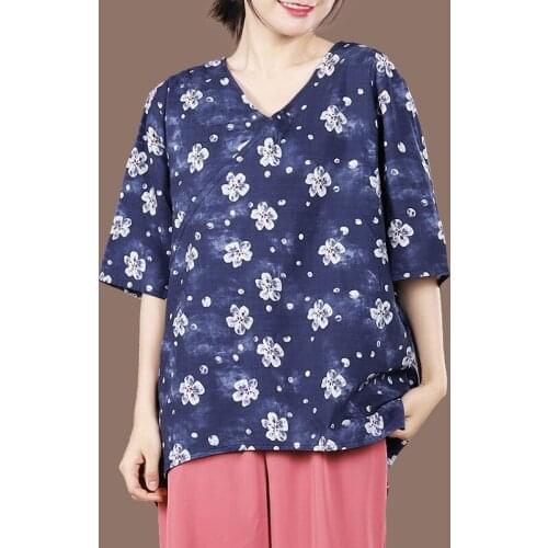 Oversized Women Coton Linen Loose Casual T-shirts New 2021 Summer Vintage Style V-neck Floral Print Female Tops Tees S4044