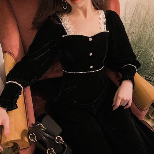 French Velvet Long Sleeve Black Dress Retro Lace Women Square Collar Long Dress Designer Winter One-piece Lady Party Goth Dress