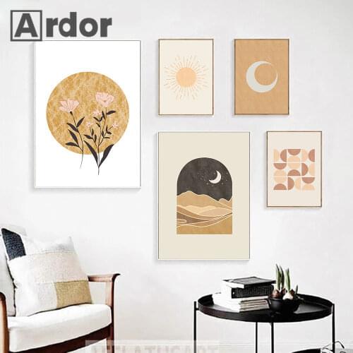 Abstract Moon Landscape Wall Art Painting Boho Sun Poster Mid Century Modern Orange Canvas Print Nordic Wall Pictures Home Decor