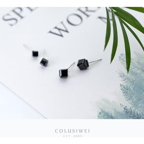 Colusiwei Real Silver 925 Jewelry Cube Stud Earrings for Women Natural Black Agate Ear Studs for Women Men Unisex Jewelry Gifts