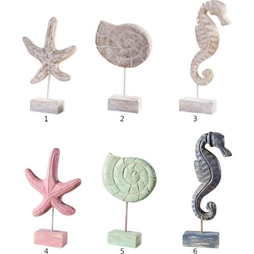 Mediterranean Style Wood Crafts Home Decor Statue Starfish Conch Seahorse Figurines Nautical Style Table Sculptures