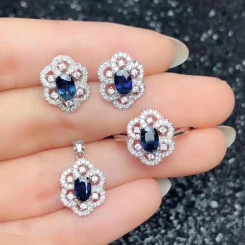 Natural sapphire ring necklace earnail set 925 silver, silver, white jewelry. High-End jewelry Banquet, dance, wedding jewelry