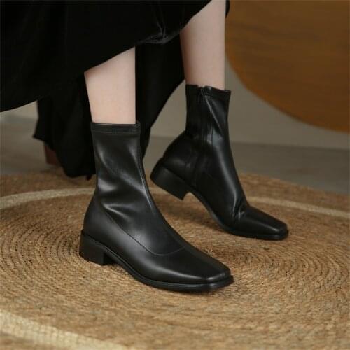 Sweet Female Chelsea Short Boots Genuine Leather Square Heels Women Warm Soft Ankle Boots Dancing Party Shoes Woman