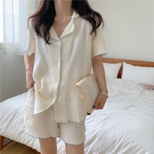 Solid 100% cotton pajama set women sleepwear short sleeve tops shorts 2 piece set homewear summer loungewear gauze suit Y727