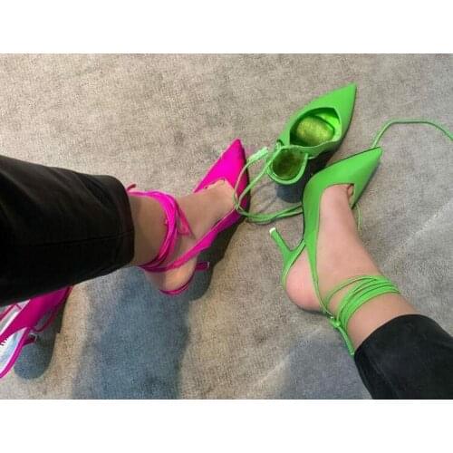 Hot Woman Pink Green Red Blue Candy Color Slingback Sandals Pointed Toe Silk Shallow Lace Up Stiletto Heels Sandals Shoes