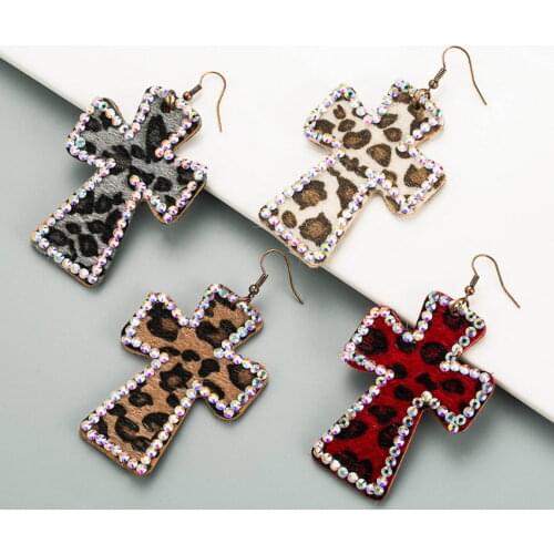 AB Crystal Accented Leather Leopard Jesus Cross Drop Earrings for Women Fashion Cheetah Print Vintage Jewelry