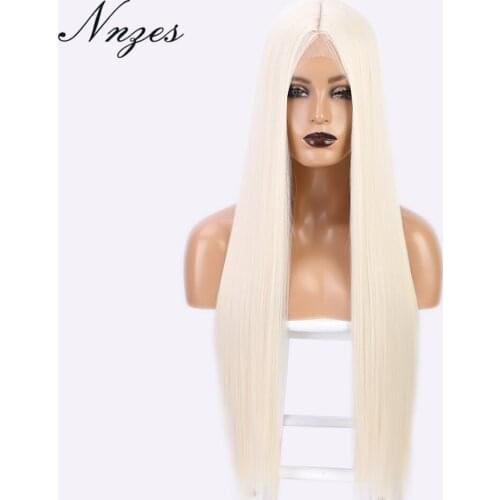 NNZES 24&28 Inches Synthetic Long Straight White Wig Middle Part Black Blonde Red Wig for Women Heat Resistant Fiber