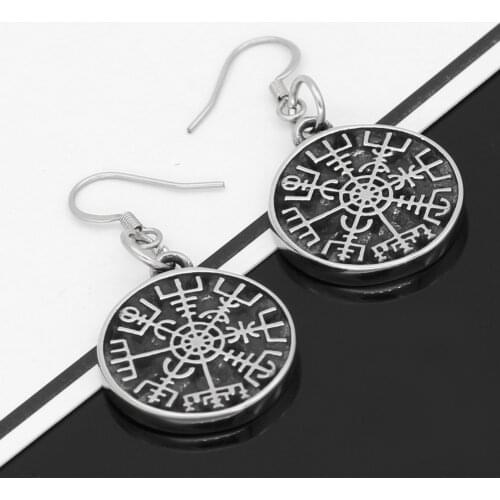 Nordic Viking rune compass amulet Stainless steel earrings small size with valknut gift bag