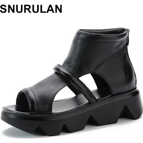 SNURULAN Spring Summer 2021 Fashion 5.5CM Flat Platform Sandals Women Shoes Genuine Leather Hollow Peep Toe Female Sandals Zip
